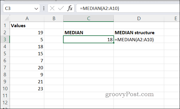 Exemplo de resultado MEDIAN no Excel
