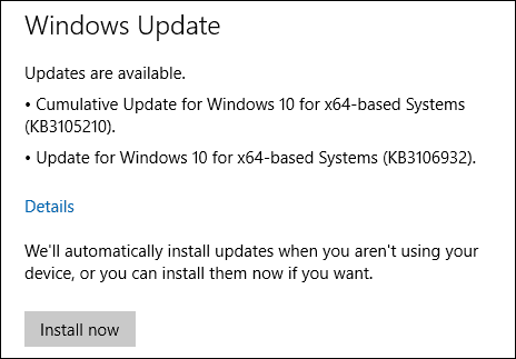 Atualizações do Windows 10 KB3105210 KB3106932