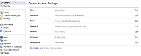 menu de configurações da conta do Facebook