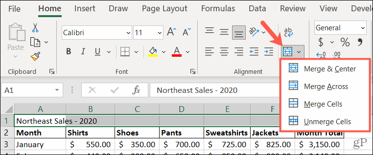 Opções de mesclagem no Excel