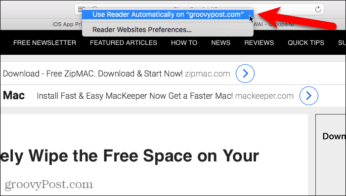 Use o Reader automaticamente no Safari para Mac