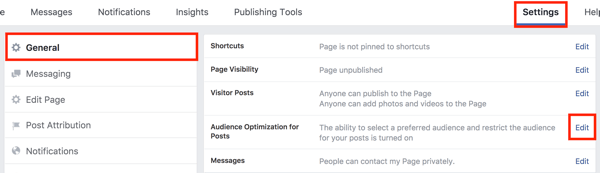 Nas configurações da página do Facebook, clique no botão Editar à direita da opção Otimização de público para postagens.