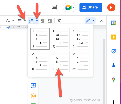 Escolhendo novas opções de formatação de lista no Google Docs