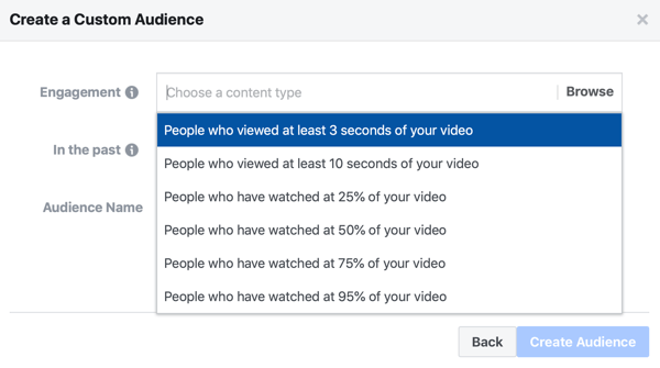 Opção de criar um público-alvo personalizado de anúncio no Facebook de pessoas que assistiram uma parte do seu vídeo.