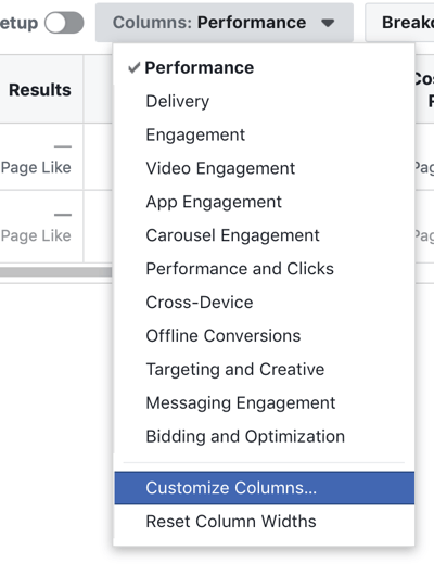 Opção de personalizar colunas do Gerenciador de anúncios do Facebook