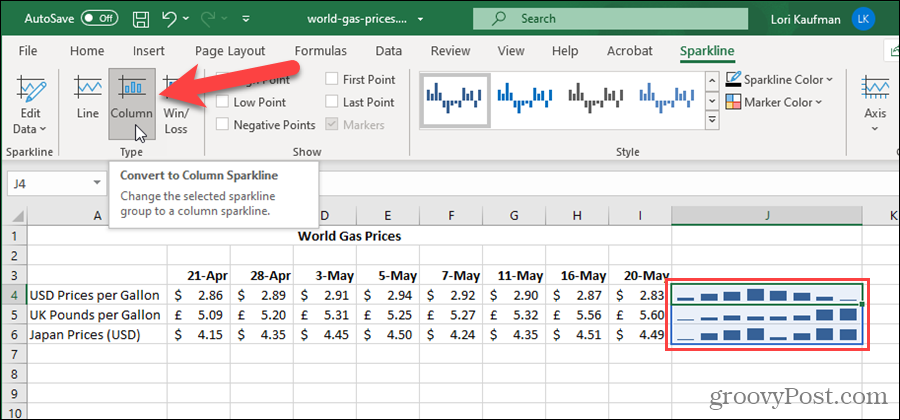 Alterar o tipo de Sparkline no Excel