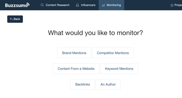 Opções do que você pode monitorar via BuzzSumo.