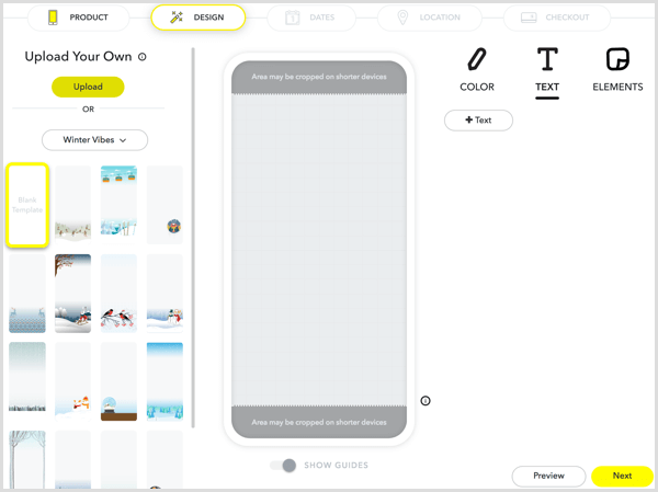 Para projetar seu filtro, carregue sua arte ou crie uma arte usando as ferramentas do Snapchat.