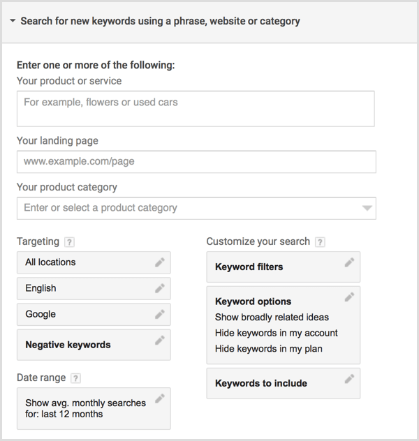 Pesquisa do planejador de palavras-chave do Google AdWords