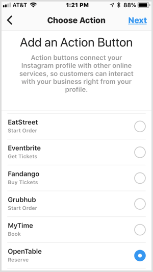 Instagram Adicionar uma tela de botão de ação para serviços de terceiros