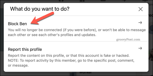Opções para bloquear ou denunciar um usuário do LinkedIn