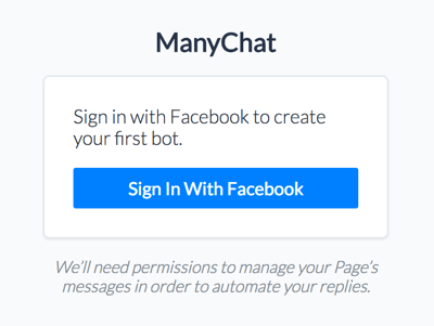 Faça login no ManyChat com sua conta do Facebook.