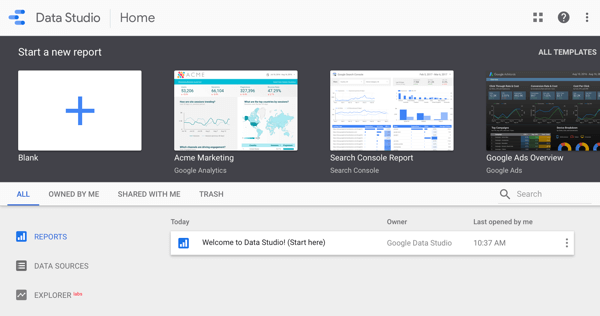 Use o Google Data Studio, etapa 1.