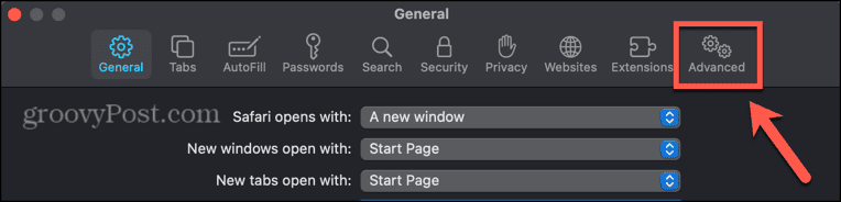 configurações avançadas do Safari no Mac