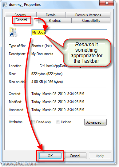 renomear um atalho da barra de tarefas do Windows 7