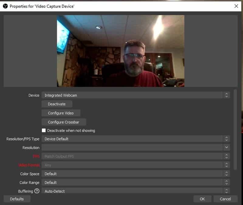 configurações da webcam