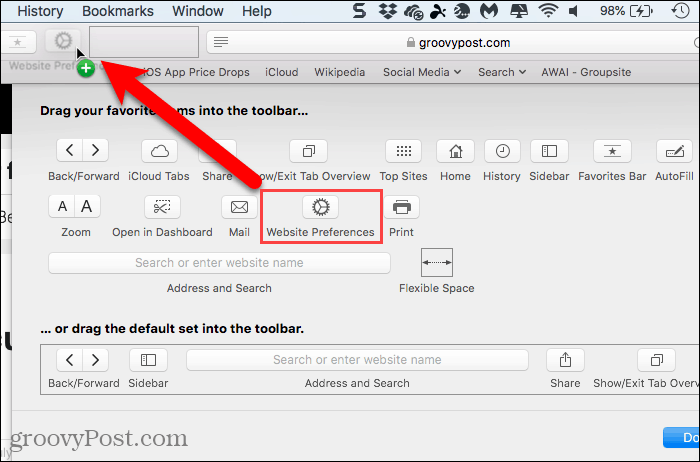 Adicionar botão Preferências do site à barra de ferramentas no Safari para Mac