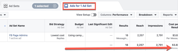 Visualize as métricas de desempenho de anúncios do Facebook no Facebook Ads Manager.
