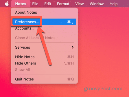 selecione Preferências no Notes no Mac