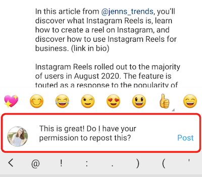 exemplo de resposta de comentário de postagem no instagram elogiando e pedindo permissão para postar novamente o conteúdo