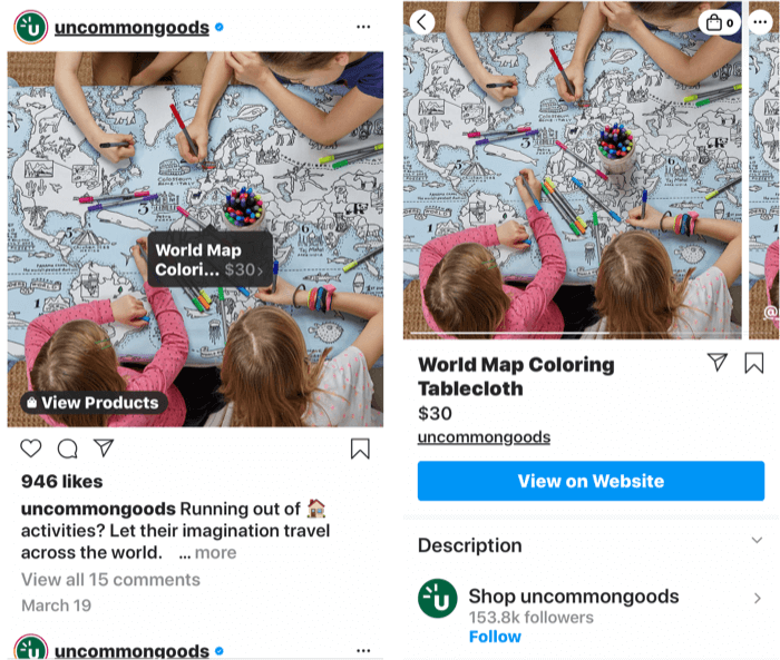 capturas de tela mostrando uma tag do instagram adicionada a uma postagem de produto comprável, bem como a página da loja do produto, uma vez que uma tag de postagem é selecionada