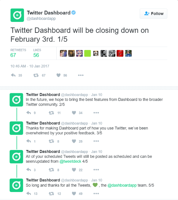 O Twitter encerrará o Twitter Dashboard em 3 de fevereiro de 2017.