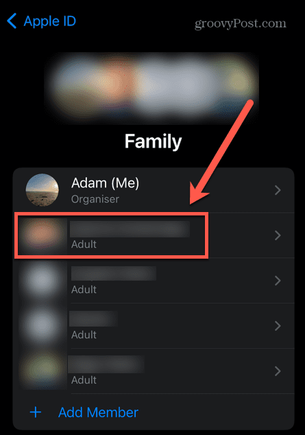 iphone selecionar membro da família