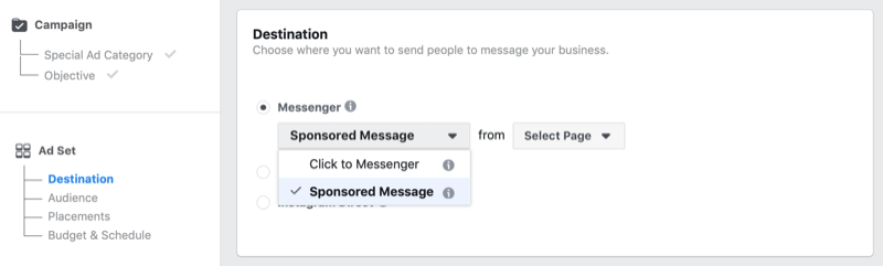 Opção de mensagem patrocinada do Facebook no Gerenciador de anúncios do Facebook