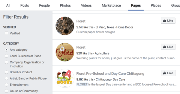 Resultados de pesquisa de páginas do Facebook para Floret.