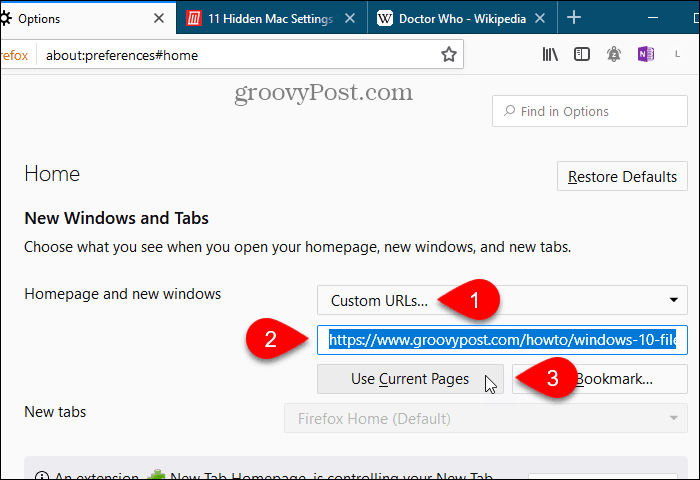 Clique em Usar páginas atuais para a página inicial no Firefox