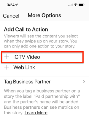 Opção de selecionar um link de vídeo IGTV para adicionar à sua história do Instagram.
