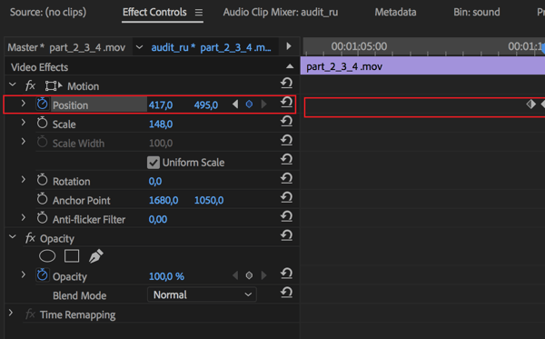 Configuração para ajustar a posição central de cada quadro em sua sequência no Adobe Premier Pro.