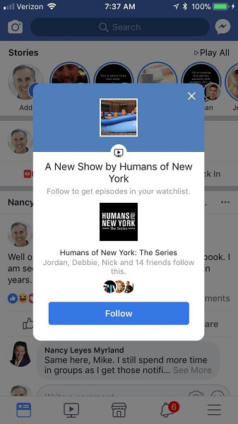 O Facebook alerta os usuários móveis quando novos episódios do Watch estão disponíveis para visualização.