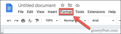 Abra o menu de formato no Google Docs