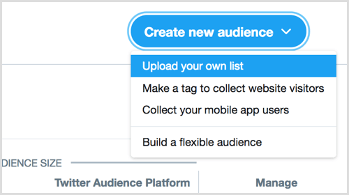 envie sua própria lista para criar um novo público por meio do Twitter Ads