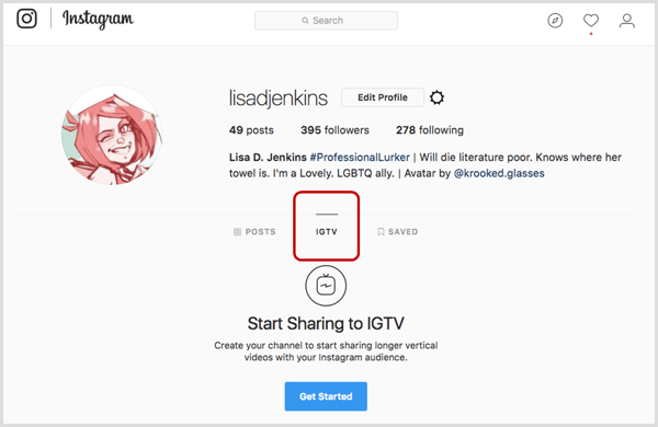 Guia IGTV no perfil do Instagram.