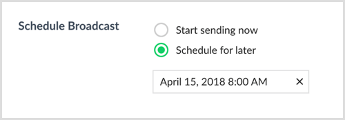 Selecione Agendar para mais tarde e escolha uma data e hora no ManyChat.