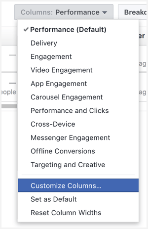 Gerenciador de anúncios do Facebook personalizar colunas