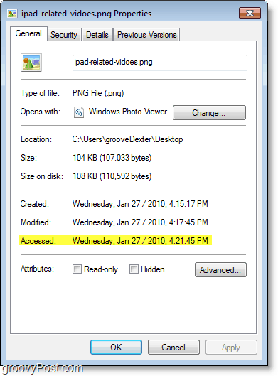 Captura de tela do Windows 7 - data de acesso não sendo atualizada muito bem