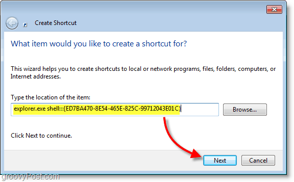 Captura de tela do Windows 7 - nomeie o atalho para esse nome de extensão maluco