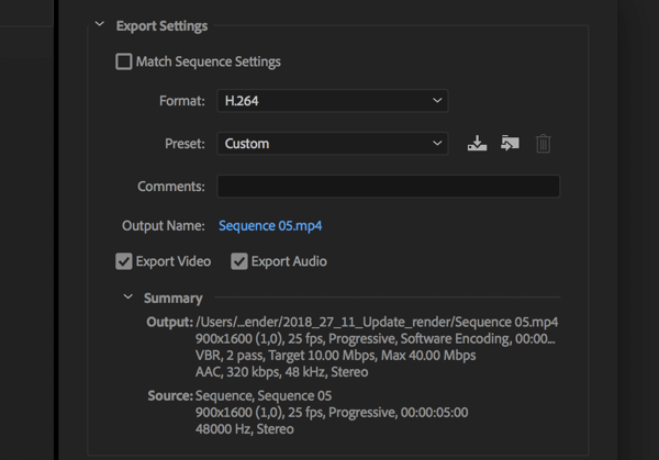 Configuração para exportar seu vídeo Adobe Premier Pro com o formato definido como H.264.