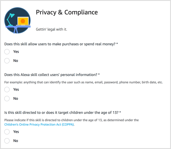 Responda às perguntas de privacidade e conformidade para sua habilidade Alexa.
