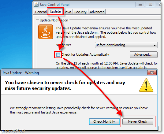 Captura de tela: Windows 7 Desativar verificações de atualização do Java
