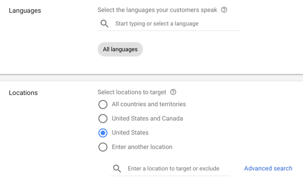 Como configurar uma campanha de anúncios do YouTube, etapa 12, definir opções de exibição de idioma e local