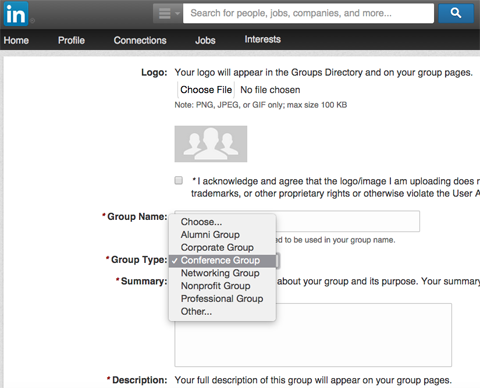 formulário para criar um grupo no LinkedIn
