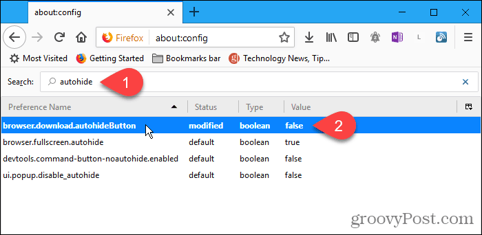 Clique duas vezes na configuração de configuração autohideButton no Firefox