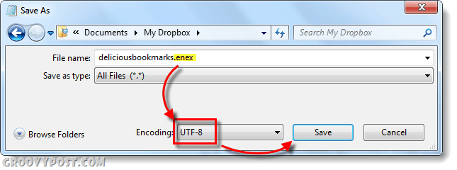 salve o arquivo do bloco de notas como um .enex com codificação utf-8