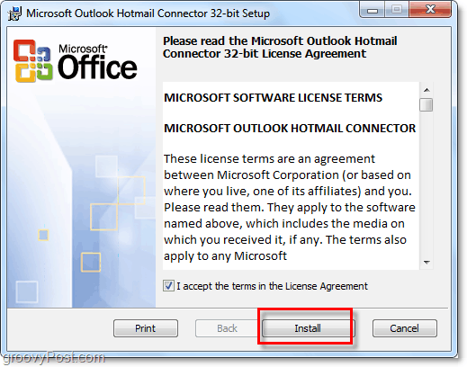instalação da ferramenta de conexão do Outlook Hotmail