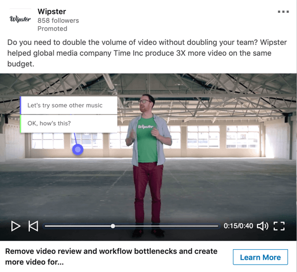 Como criar anúncios baseados em objetivos no LinkedIn, amostra de anúncio em vídeo patrocinado por Wipster