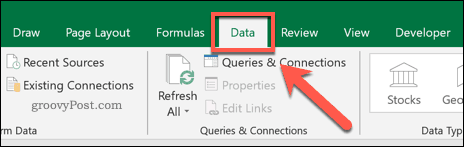 A guia Dados na barra de faixa de opções do Excel